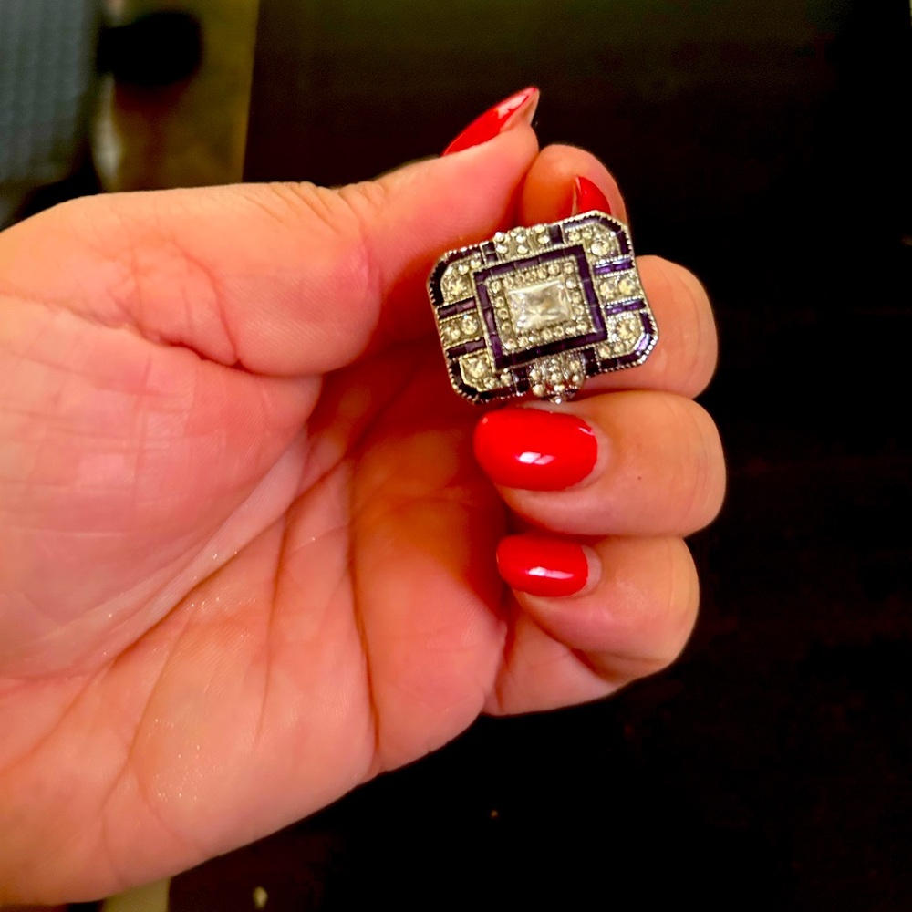 Silver-Tone Crystal Statement Ring in Purple and White